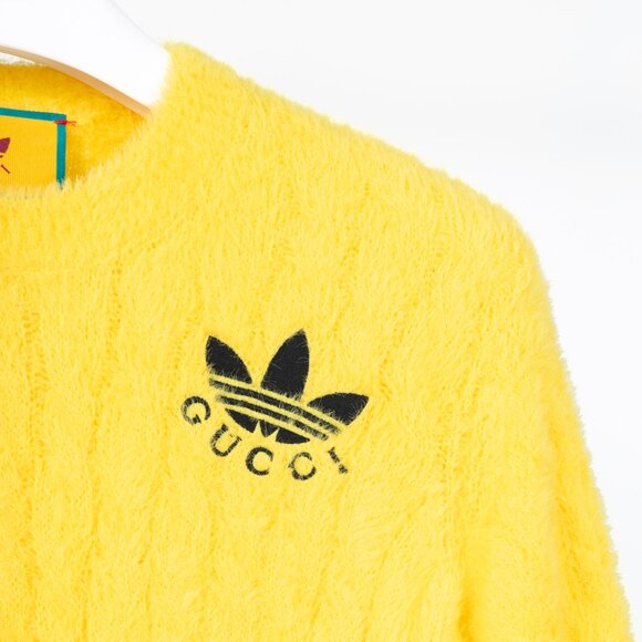 Gucci x Adidas Yellow Fuzzy Cable-Knit Embroidered Short-Sleeve Sweater - Picture 5 of 13